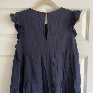 Navy Ruffle Sleeve Flowy Pleated Dress